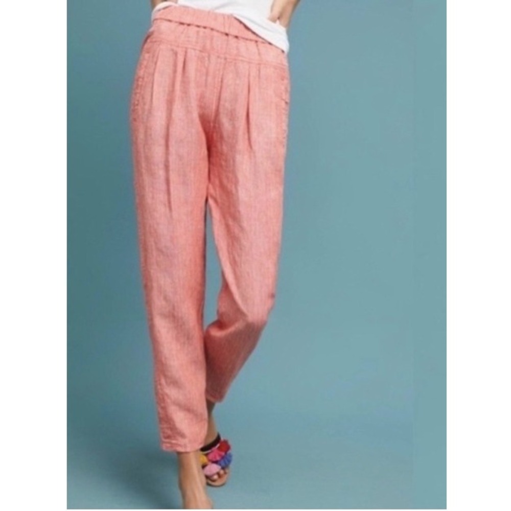 Anthropologie Linen Striped Tapered Pants Women Size M Pink Boho Summer